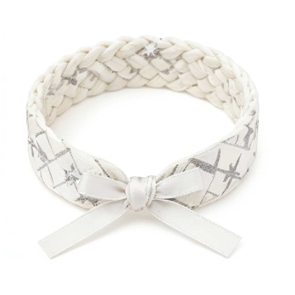 10Pcs-White Braided Fabric Bracelet with Silver Star Pattern and Satin Bow