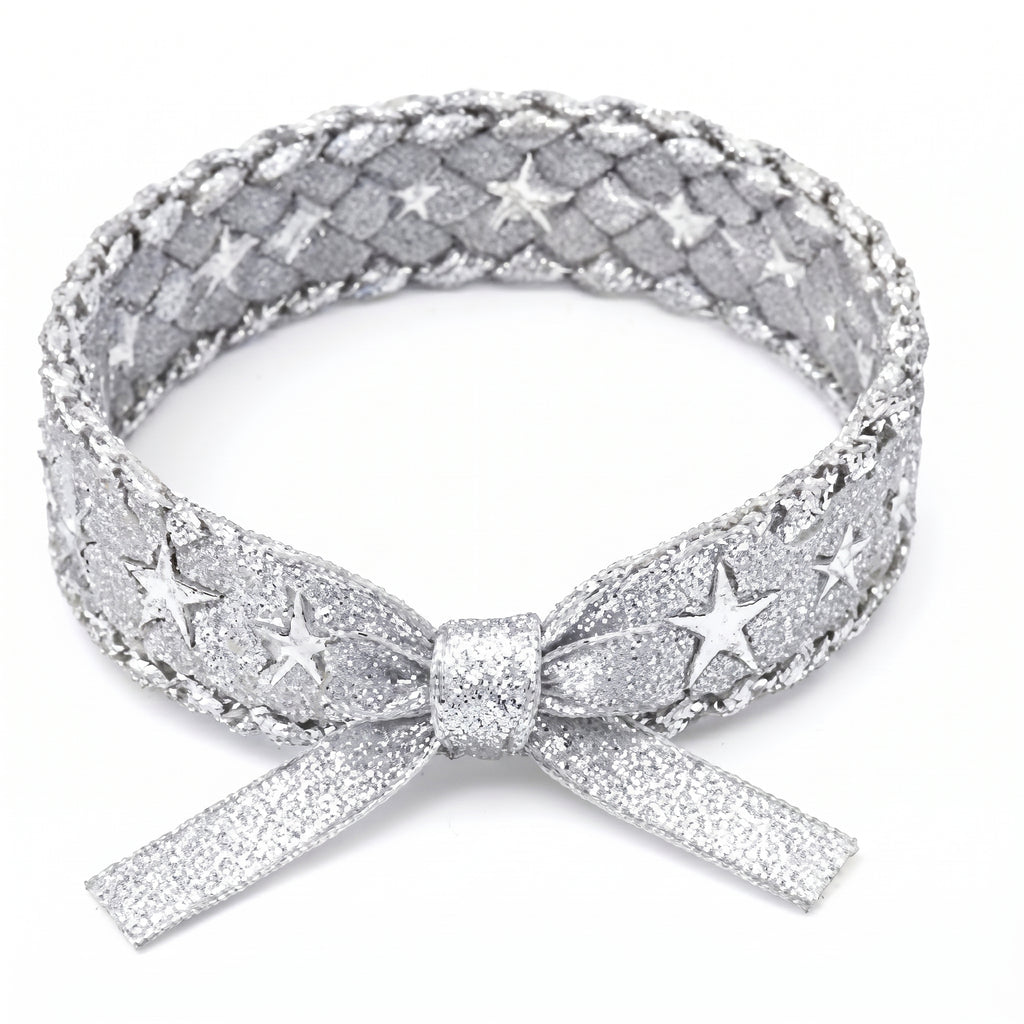 10pcs-Silver Glitter Woven Star Bracelet with Bow
