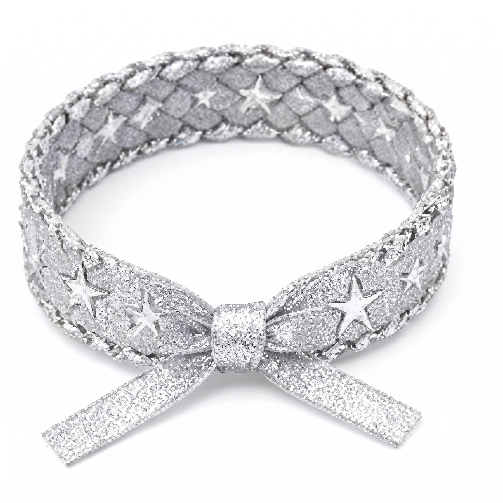 10pcs-Silver Glitter Woven Star Bracelet with Bow
