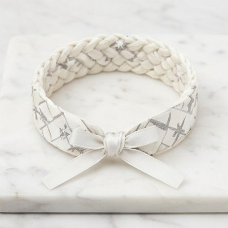 10Pcs-White Braided Fabric Bracelet with Silver Star Pattern and Satin Bow